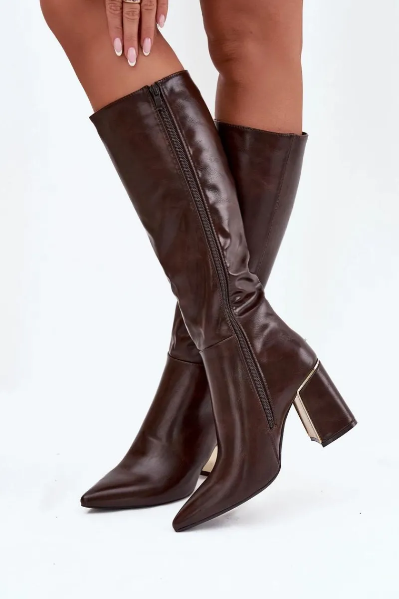 Kozaki Na Słupku|Kozaki Przed Kolano>Boto Kozaki Damskie Na Słupku Ze Złotym Elementem Czekoladowe Alessine