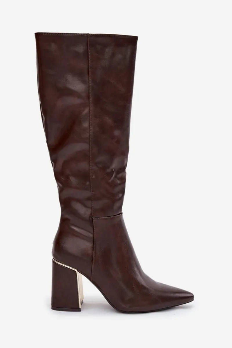 Kozaki Na Słupku|Kozaki Przed Kolano>Boto Kozaki Damskie Na Słupku Ze Złotym Elementem Czekoladowe Alessine