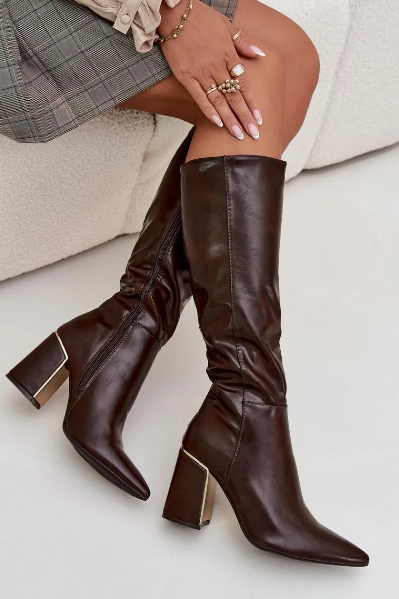 Kozaki Na Słupku|Kozaki Przed Kolano>Boto Kozaki Damskie Na Słupku Ze Złotym Elementem Czekoladowe Alessine