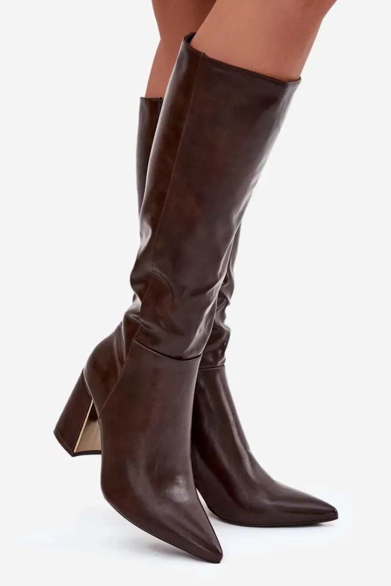 Kozaki Na Słupku|Kozaki Przed Kolano>Boto Kozaki Damskie Na Słupku Ze Złotym Elementem Czekoladowe Alessine