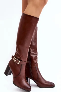 Outlet Buty Sergio Leone Kozaki Damskie Na Słupku Z Klamrą Ocieplane Brązowe Sendilia