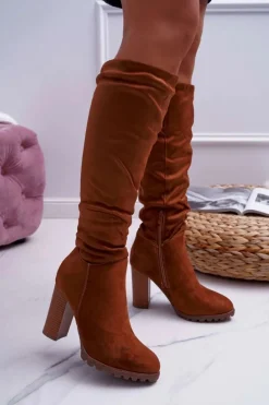 Kozaki Na Obcasie|Kozaki Zamszowe>Boto Kozaki Damskie Na Słupku Zamszowe Camel Marion