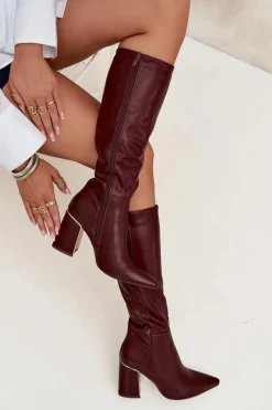 Discount Kozaki Damskie Na Słupku Ze Złotym Elementem Bordowe Alessine Damskie Kozaki Na Słupku|Kozaki Przed Kolano