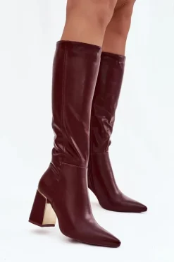 Discount Kozaki Damskie Na Słupku Ze Złotym Elementem Bordowe Alessine Damskie Kozaki Na Słupku|Kozaki Przed Kolano