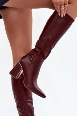 Discount Kozaki Damskie Na Słupku Ze Złotym Elementem Bordowe Alessine Damskie Kozaki Na Słupku|Kozaki Przed Kolano