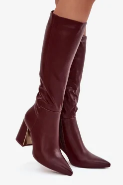 Discount Kozaki Damskie Na Słupku Ze Złotym Elementem Bordowe Alessine Damskie Kozaki Na Słupku|Kozaki Przed Kolano
