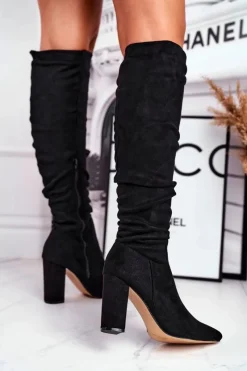 Best Kozaki Damskie Na Słupku Zamszowe Czarne Pomestro Damskie Kozaki Na Obcasie|Kozaki Zamszowe