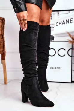 Best Kozaki Damskie Na Słupku Zamszowe Czarne Pomestro Damskie Kozaki Na Obcasie|Kozaki Zamszowe