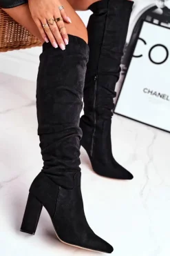 Best Kozaki Damskie Na Słupku Zamszowe Czarne Pomestro Damskie Kozaki Na Obcasie|Kozaki Zamszowe