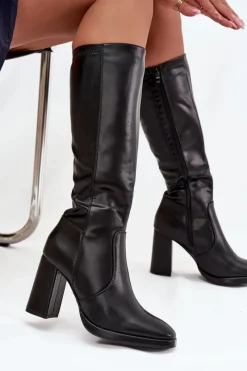 Discount Boto Kozaki Damskie Na Słupku Z Eko Skóry Ocieplane Czarne Lyvella Czarny