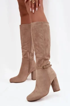 Clearance Boto Kozaki Damskie Na Słupku Ze Złotą Klamrą Ocieplane Beżowe Seraphine Beżowy