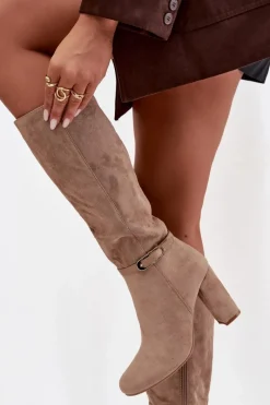 Clearance Boto Kozaki Damskie Na Słupku Ze Złotą Klamrą Ocieplane Beżowe Seraphine Beżowy