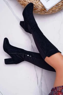 Kozaki Na Obcasie|Kozaki Zamszowe>Boto Kozaki Damskie Na Słupku Zamszowe z Lycrą Czarne Machine