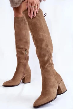 Clearance Buty damskie Vinceza Kozaki Damskie Na Słupku Zamszowe Beżowe Corrig