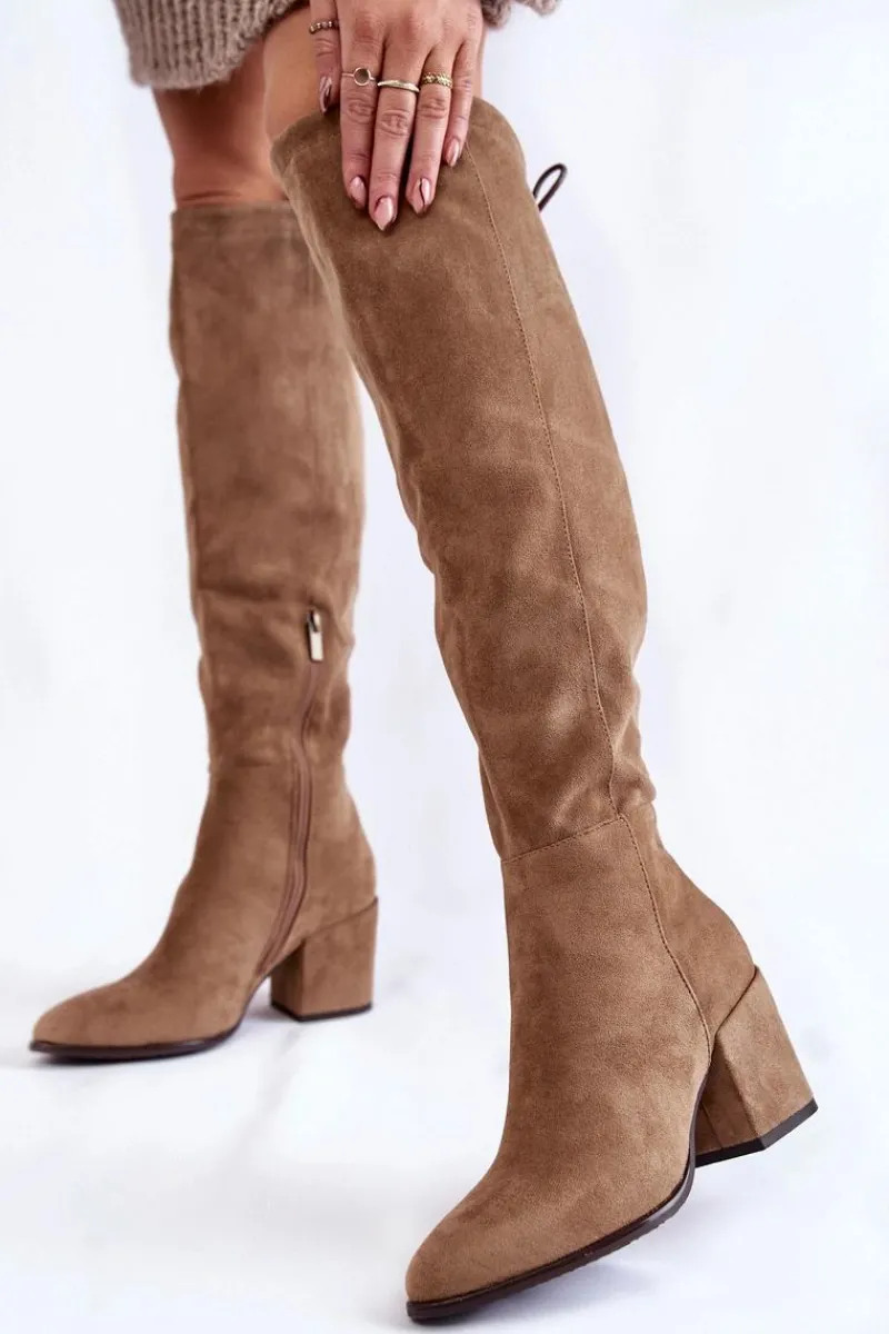 Clearance Buty damskie Vinceza Kozaki Damskie Na Słupku Zamszowe Beżowe Corrig