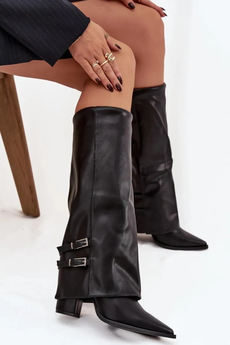 Best Boto Kozaki Damskie Na Słupku Z Wywiniętą Cholewką I Klamrami Jessae Czarne