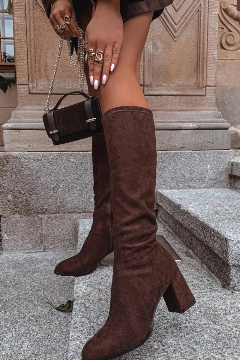 Clearance Kozaki Damskie Na Słupku Z Eko Zamszu Czekoladowe Yelisse Damskie Kozaki Ocieplane|Kozaki Na Słupku