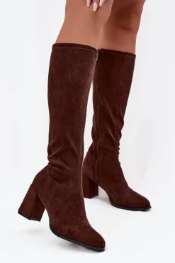 Clearance Kozaki Damskie Na Słupku Z Eko Zamszu Czekoladowe Yelisse Damskie Kozaki Ocieplane|Kozaki Na Słupku