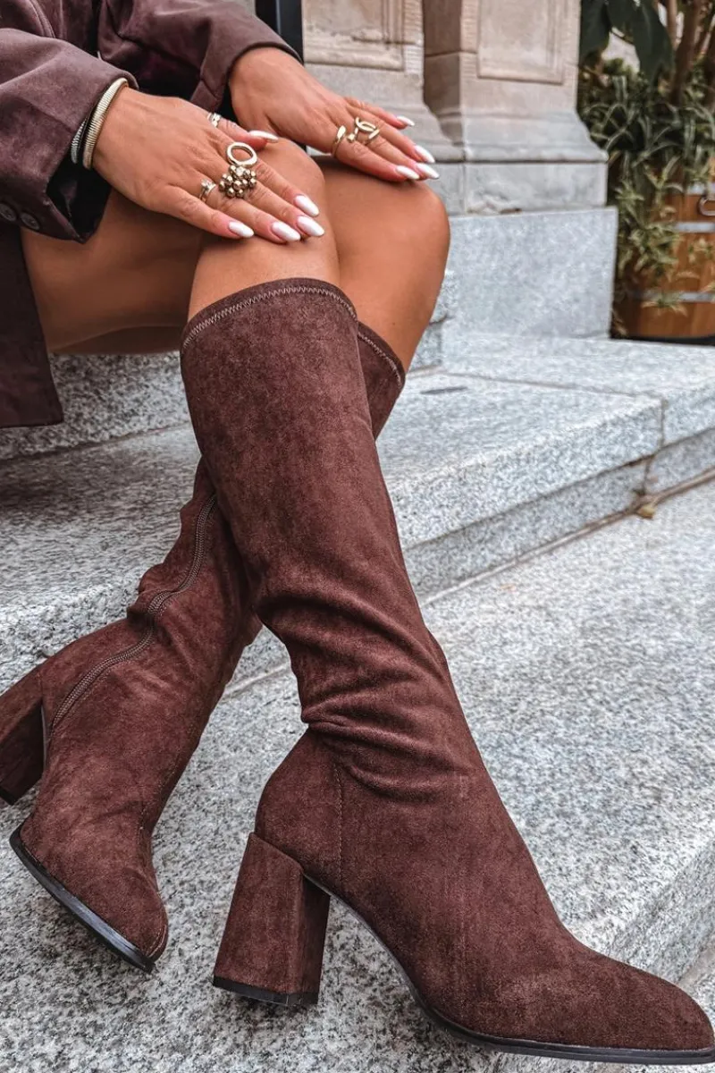 Clearance Kozaki Damskie Na Słupku Z Eko Zamszu Czekoladowe Yelisse Damskie Kozaki Ocieplane|Kozaki Na Słupku