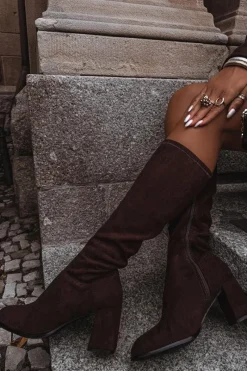 Clearance Kozaki Damskie Na Słupku Z Eko Zamszu Czekoladowe Yelisse Damskie Kozaki Ocieplane|Kozaki Na Słupku