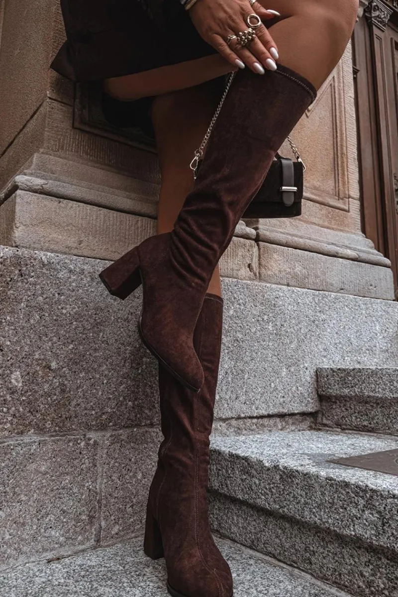 Clearance Kozaki Damskie Na Słupku Z Eko Zamszu Czekoladowe Yelisse Damskie Kozaki Ocieplane|Kozaki Na Słupku