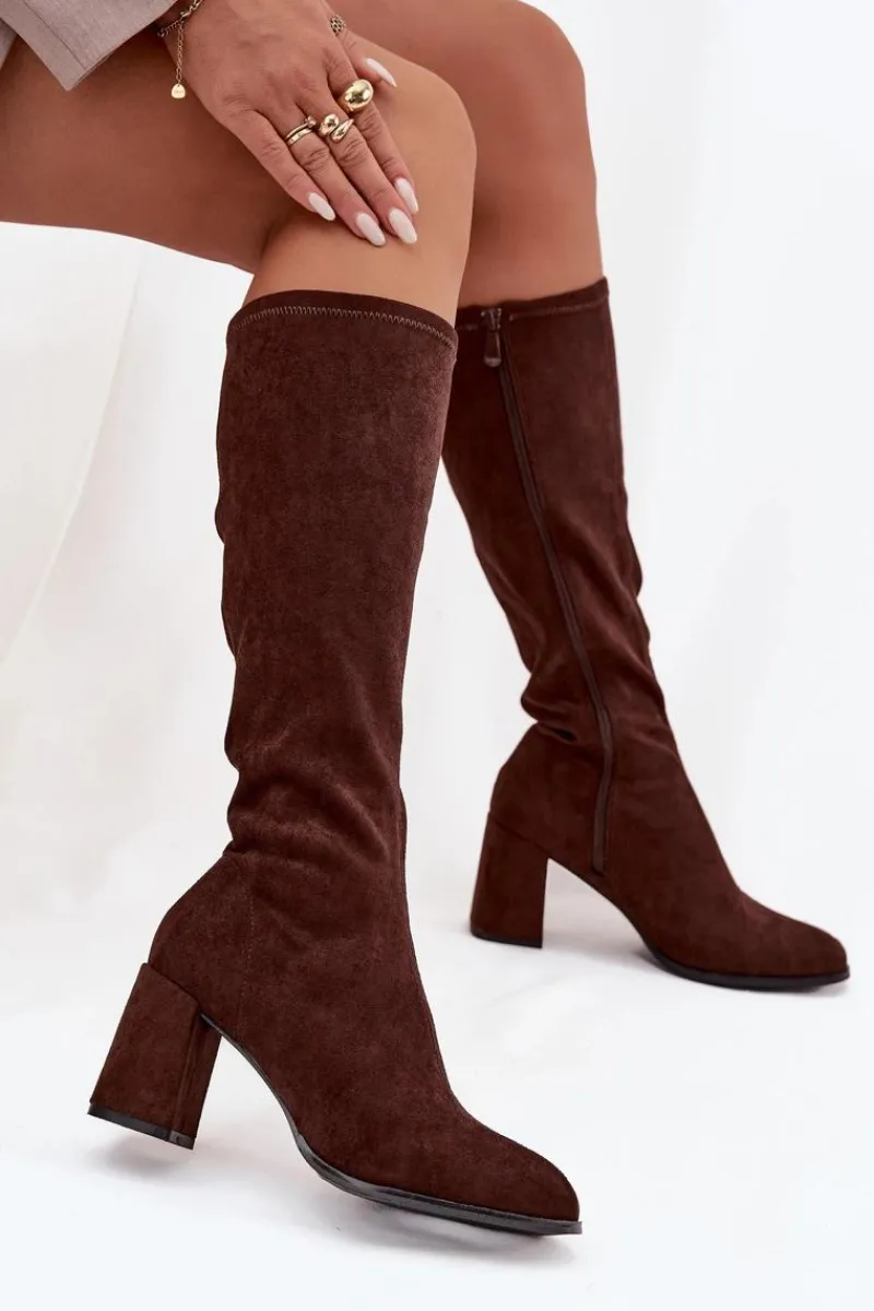 Clearance Kozaki Damskie Na Słupku Z Eko Zamszu Czekoladowe Yelisse Damskie Kozaki Ocieplane|Kozaki Na Słupku