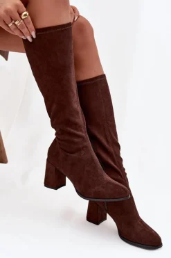 Clearance Kozaki Damskie Na Słupku Z Eko Zamszu Czekoladowe Yelisse Damskie Kozaki Ocieplane|Kozaki Na Słupku