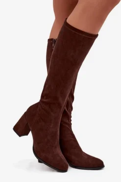 Clearance Kozaki Damskie Na Słupku Z Eko Zamszu Czekoladowe Yelisse Damskie Kozaki Ocieplane|Kozaki Na Słupku
