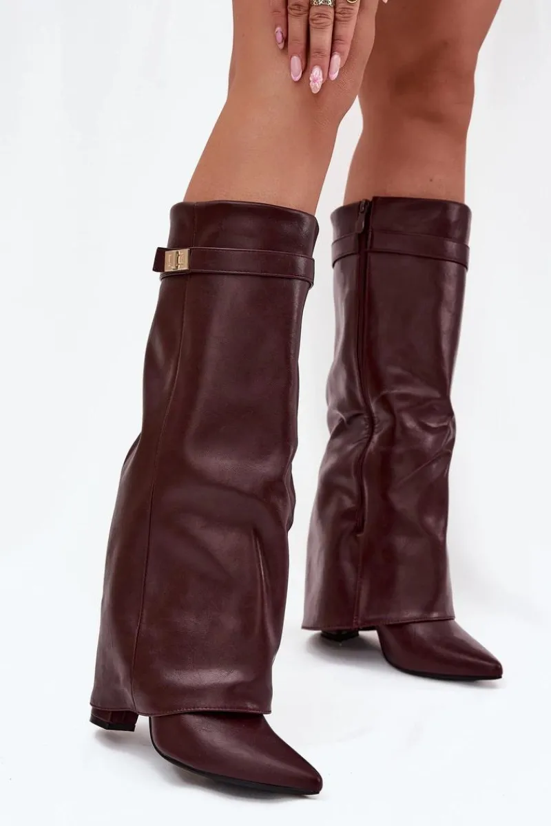 Kozaki Ocieplane|Kozaki Na Słupku>Boto Kozaki Damskie Na Słupku Z Wywiniętą Cholewką I Złotym Detalem Bordowe Diorna Czerwony