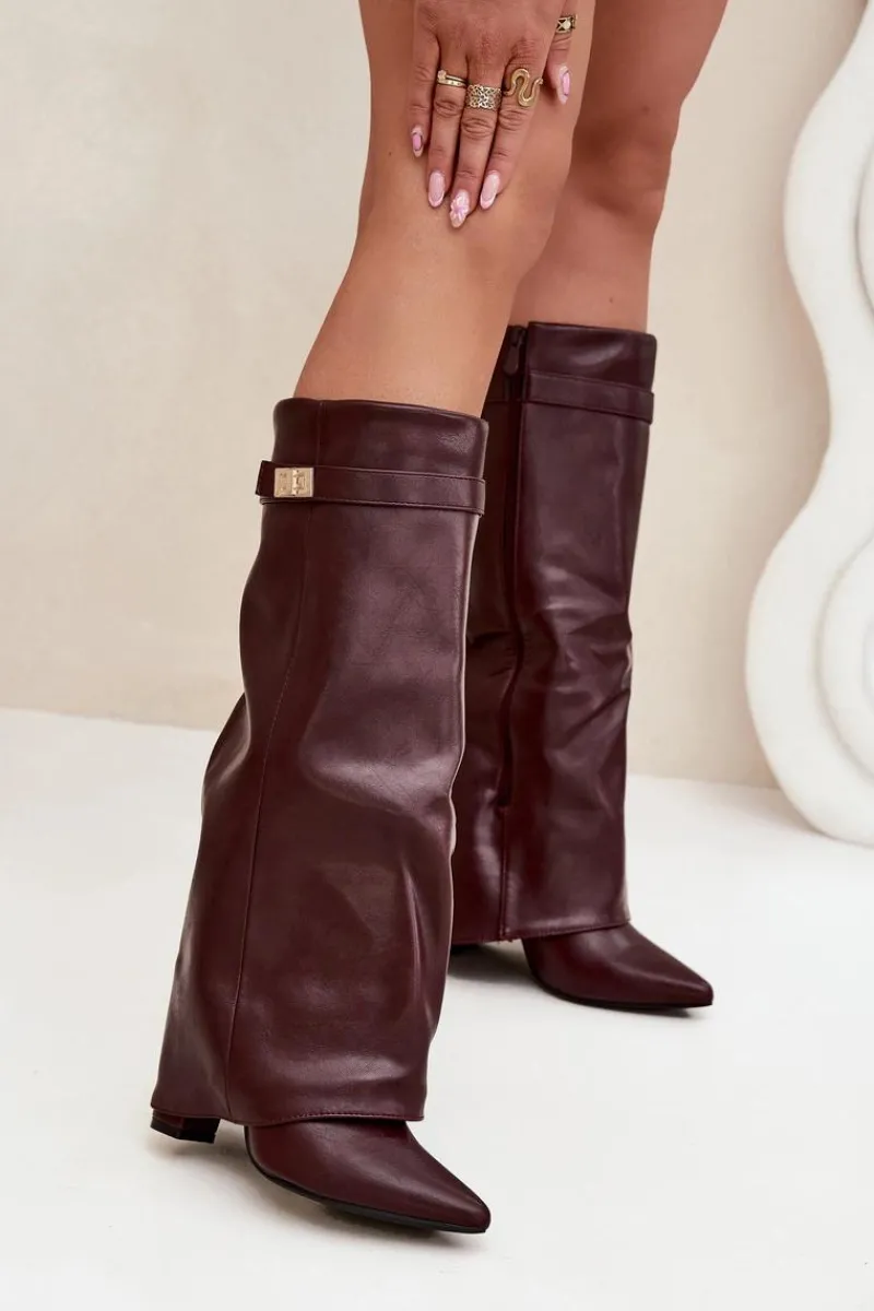 Kozaki Ocieplane|Kozaki Na Słupku>Boto Kozaki Damskie Na Słupku Z Wywiniętą Cholewką I Złotym Detalem Bordowe Diorna Czerwony