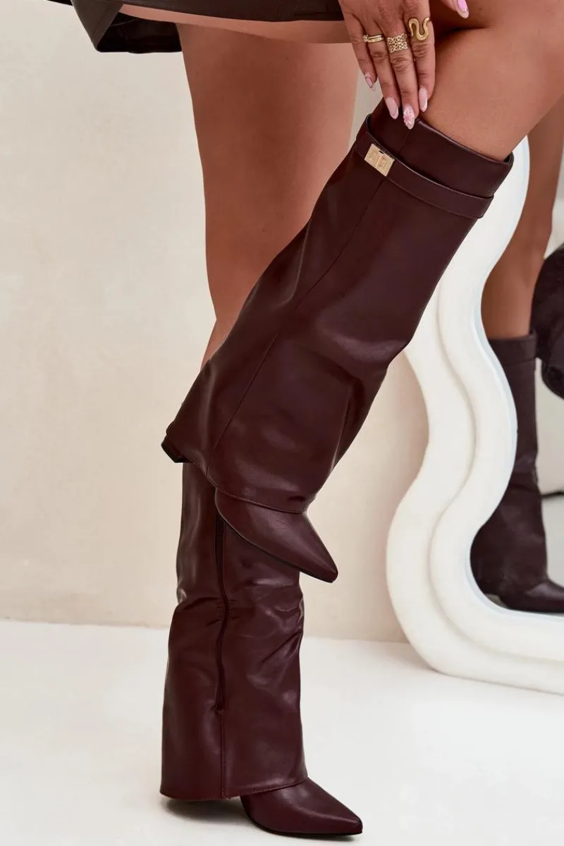 Kozaki Ocieplane|Kozaki Na Słupku>Boto Kozaki Damskie Na Słupku Z Wywiniętą Cholewką I Złotym Detalem Bordowe Diorna Czerwony