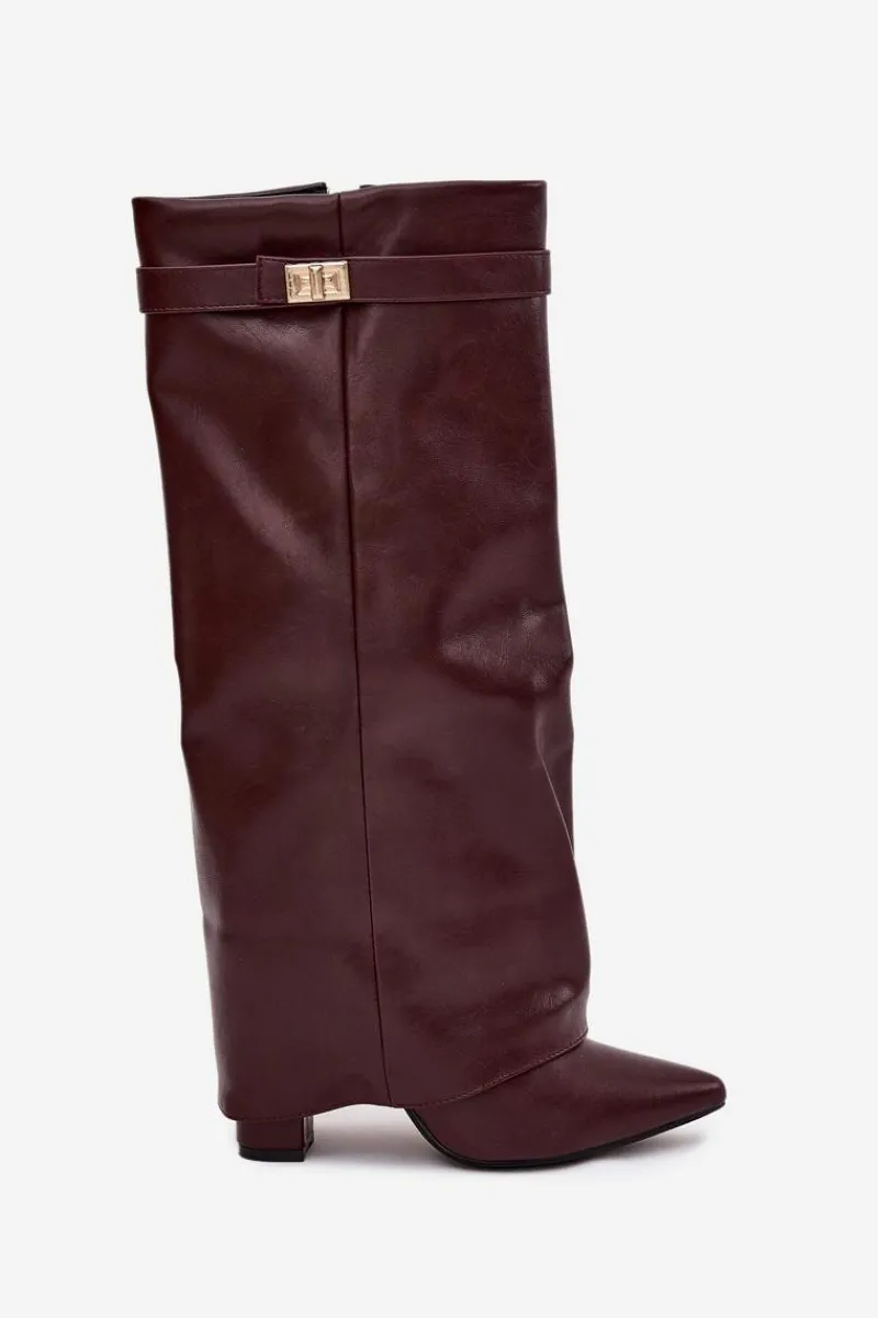 Kozaki Ocieplane|Kozaki Na Słupku>Boto Kozaki Damskie Na Słupku Z Wywiniętą Cholewką I Złotym Detalem Bordowe Diorna Czerwony