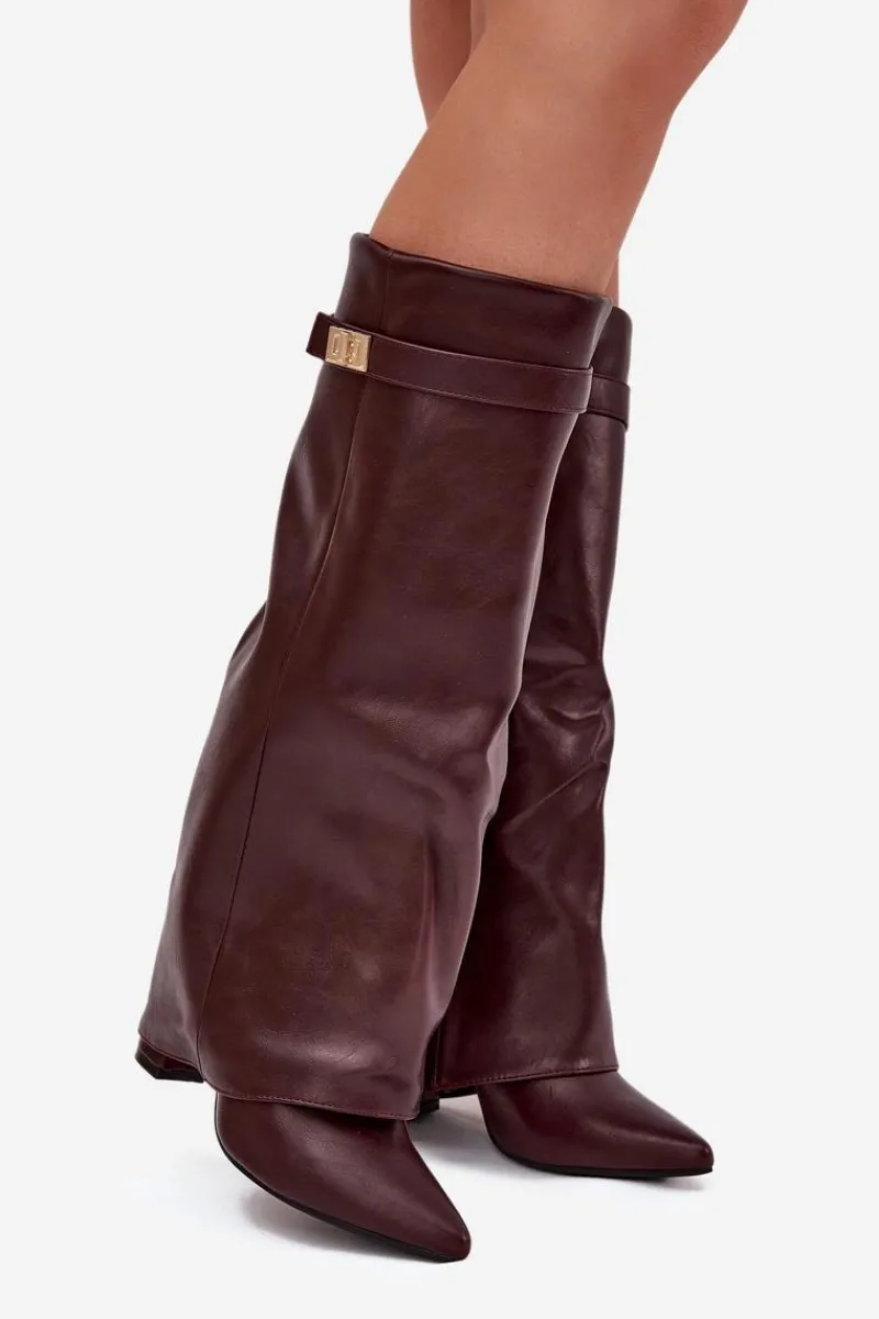 Kozaki Ocieplane|Kozaki Na Słupku>Boto Kozaki Damskie Na Słupku Z Wywiniętą Cholewką I Złotym Detalem Bordowe Diorna Czerwony