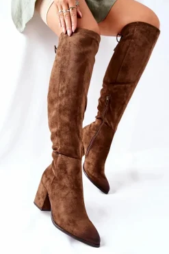 Outlet Buty damskie Vinceza Kozaki Damskie Na Słupku Zamszowe Brązowe Corrig