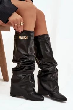 Best Kozaki Damskie Na Słupku Z Marszczoną Wywiniętą Cholewką Czarne Glorine Damskie Kozaki Ocieplane|Kozaki Na Słupku