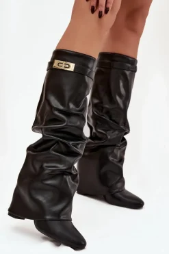 Best Kozaki Damskie Na Słupku Z Marszczoną Wywiniętą Cholewką Czarne Glorine Damskie Kozaki Ocieplane|Kozaki Na Słupku
