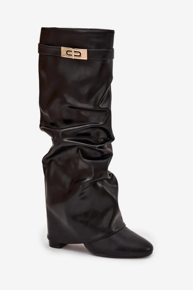 Best Kozaki Damskie Na Słupku Z Marszczoną Wywiniętą Cholewką Czarne Glorine Damskie Kozaki Ocieplane|Kozaki Na Słupku