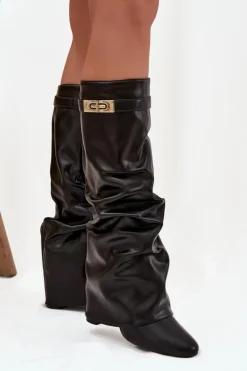 Best Kozaki Damskie Na Słupku Z Marszczoną Wywiniętą Cholewką Czarne Glorine Damskie Kozaki Ocieplane|Kozaki Na Słupku