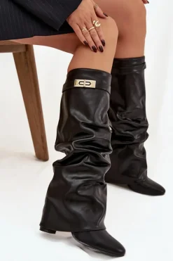 Best Kozaki Damskie Na Słupku Z Marszczoną Wywiniętą Cholewką Czarne Glorine Damskie Kozaki Ocieplane|Kozaki Na Słupku