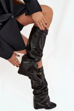 Best Kozaki Damskie Na Słupku Z Marszczoną Wywiniętą Cholewką Czarne Glorine Damskie Kozaki Ocieplane|Kozaki Na Słupku