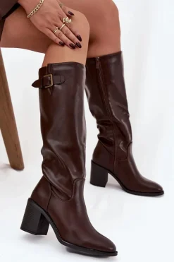 New Boto Kozaki Damskie Na Słupku Z Klamrą Czekoladowe Brenira Brązowy