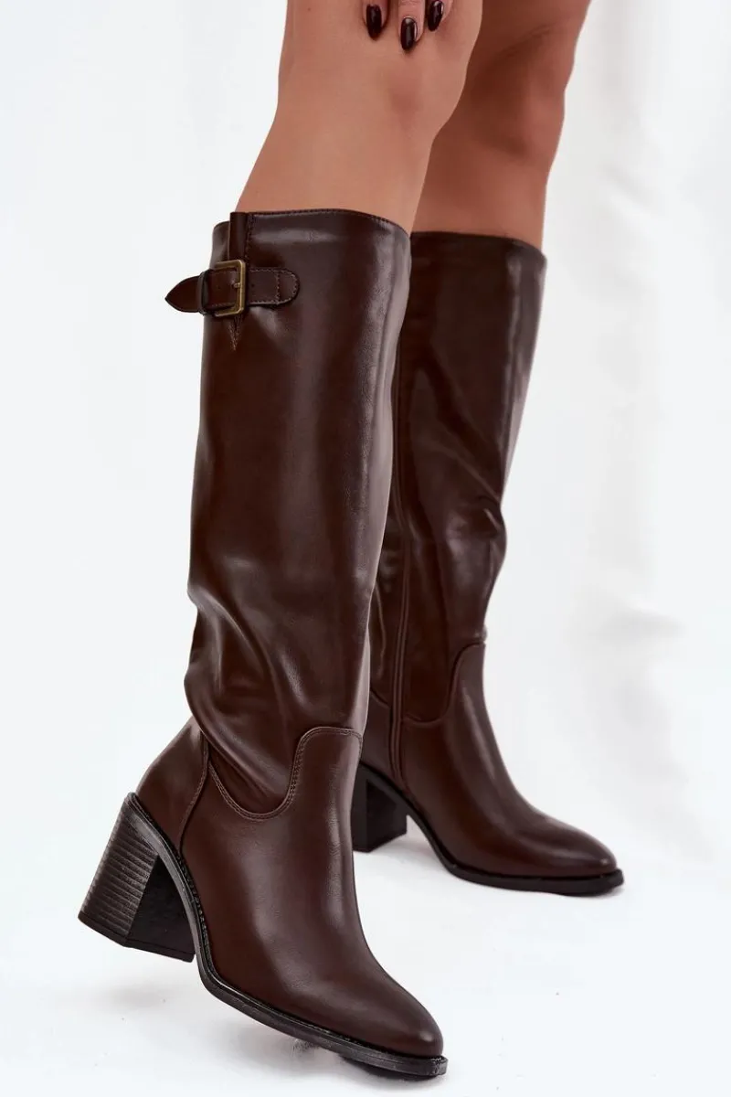 New Boto Kozaki Damskie Na Słupku Z Klamrą Czekoladowe Brenira Brązowy