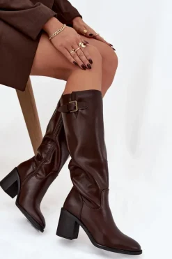 New Boto Kozaki Damskie Na Słupku Z Klamrą Czekoladowe Brenira Brązowy