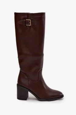 New Boto Kozaki Damskie Na Słupku Z Klamrą Czekoladowe Brenira Brązowy