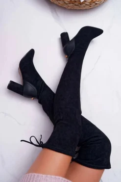 Discount Kozaki Damskie Na Słupku Zamszowe Czarne Selfie Damskie Kozaki Na Obcasie|Kozaki Zamszowe