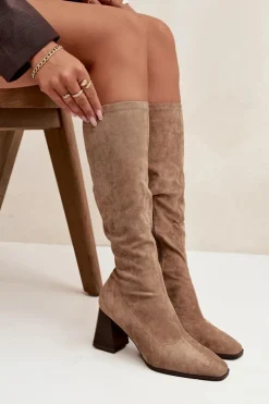 New Kozaki Damskie Na Słupku Z Przeszyciami Beżowe Celandine Damskie Kozaki Ocieplane|Kozaki Na Słupku