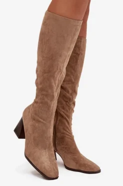 New Kozaki Damskie Na Słupku Z Przeszyciami Beżowe Celandine Damskie Kozaki Ocieplane|Kozaki Na Słupku