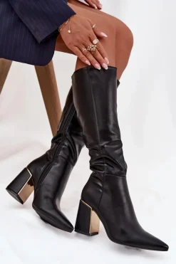 Best Kozaki Damskie Na Słupku Ze Złotym Elementem Czarne Alessine Damskie Kozaki Na Słupku|Kozaki Przed Kolano