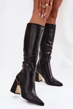 Best Kozaki Damskie Na Słupku Ze Złotym Elementem Czarne Alessine Damskie Kozaki Na Słupku|Kozaki Przed Kolano