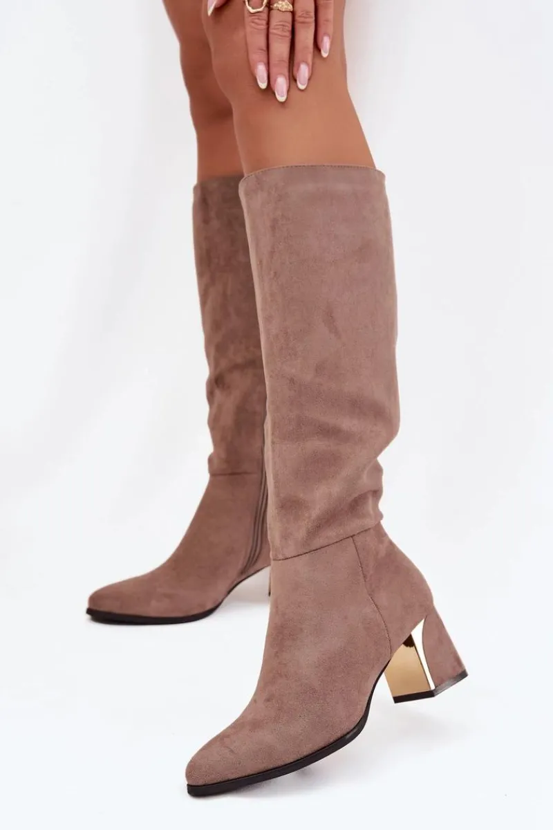 Best Boto Kozaki Damskie Na Słupku Ze Złotym Elementem Beżowe Nivarae Beżowy